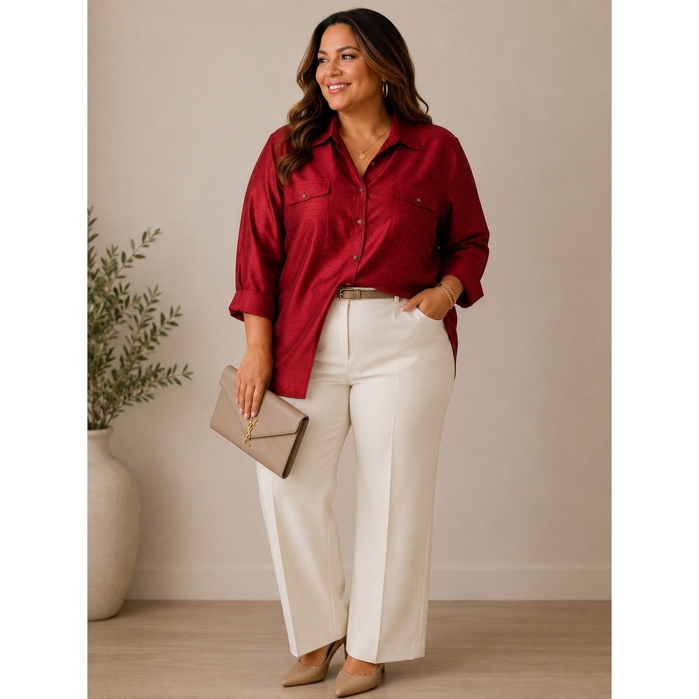 Lauren Ralph Lauren Red 100% Silk Button Down 3/4 Sleeve Blouse Plus 3X Designer